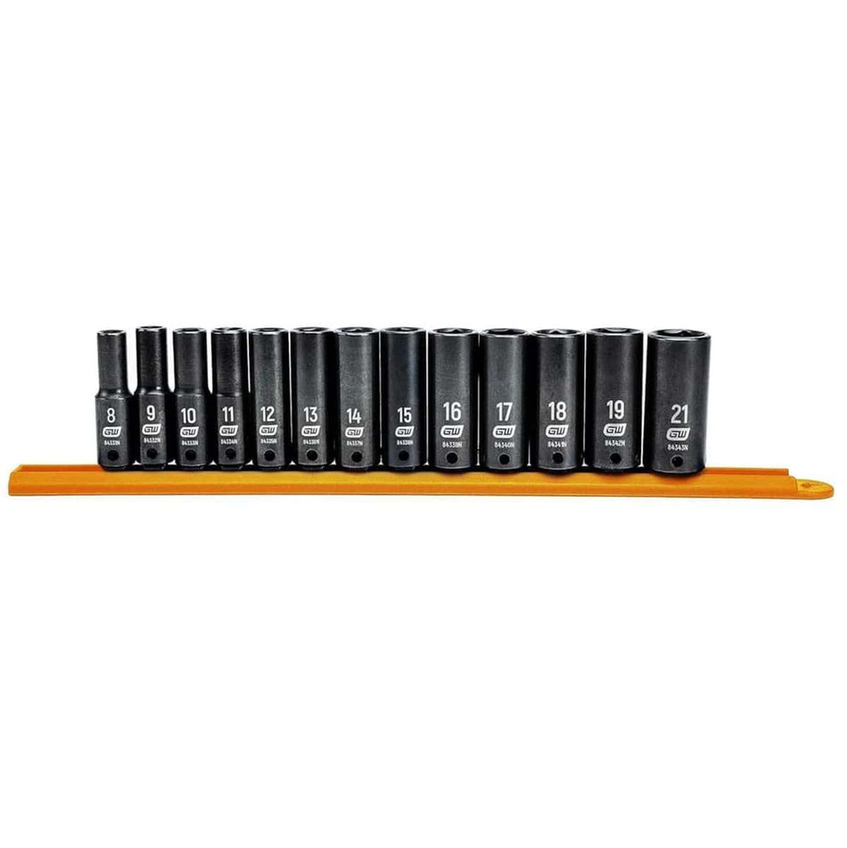 A wide side-profile shot of the GEARWRENCH 13-piece 3/8 inch drive metric deep impact socket set organized on a professional orange storage rail, showcasing the extended reach profile and high-visibility laser-etched markings ranging from 8mm to 21mm.
