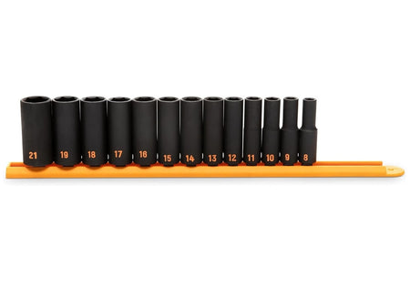 A comprehensive studio shot of the GEARWRENCH 13-piece 3/8 inch drive metric Hi-Viz deep impact socket set organized on a professional orange socket rail, showcasing the extended reach profile and high-visibility orange color-filled size markings ranging from 8mm to 21mm.