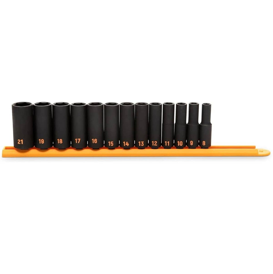 A comprehensive studio shot of the GEARWRENCH 13-piece 3/8 inch drive metric Hi-Viz deep impact socket set organized on a professional orange socket rail, showcasing the extended reach profile and high-visibility orange color-filled size markings ranging from 8mm to 21mm.