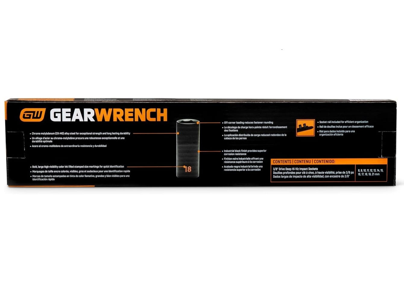 The back of the GEARWRENCH 84914H retail box providing technical details in multiple languages regarding the Cr-Mo alloy steel, off-corner loading design, and included socket rail.