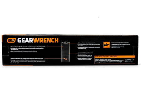 The back of the GEARWRENCH 84914H retail box providing technical details in multiple languages regarding the Cr-Mo alloy steel, off-corner loading design, and included socket rail.