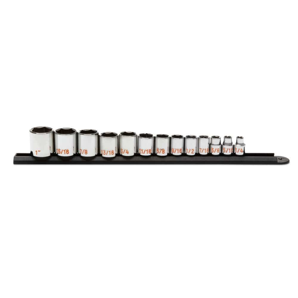 A side-profile studio shot of the GEARWRENCH 80553 13-piece 3/8 inch drive SAE Hi-Viz socket set organized on a professional black socket rail, highlighting the clear orange color-filled size markings for rapid identification.