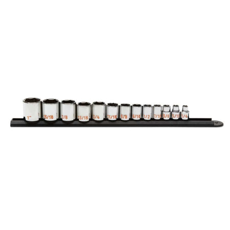 A side-profile studio shot of the GEARWRENCH 80553 13-piece 3/8 inch drive SAE Hi-Viz socket set organized on a professional black socket rail, highlighting the clear orange color-filled size markings for rapid identification.