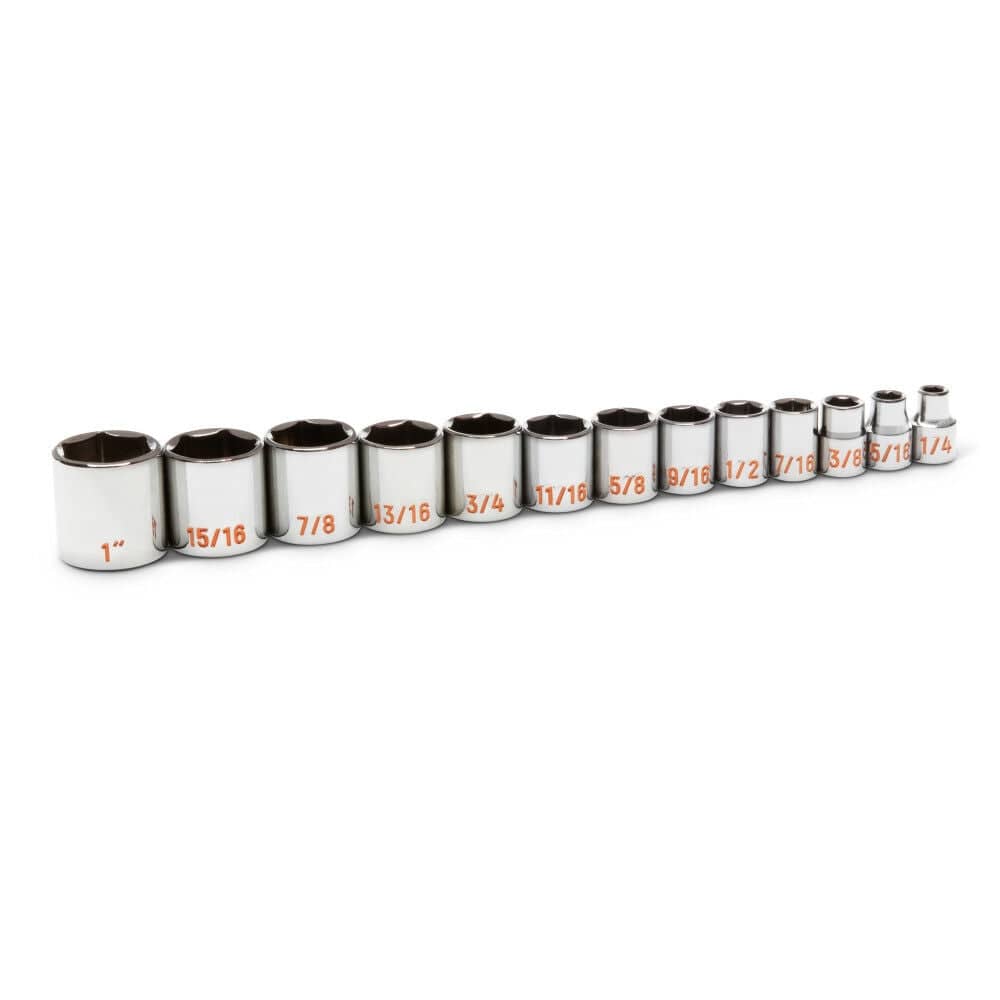 An angled perspective view of the 13-piece GEARWRENCH SAE socket set showcasing the range of sizes from 1/4 inch to 1 inch and the brilliant full polish chrome finish.