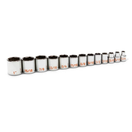 An angled perspective view of the 13-piece GEARWRENCH SAE socket set showcasing the range of sizes from 1/4 inch to 1 inch and the brilliant full polish chrome finish.