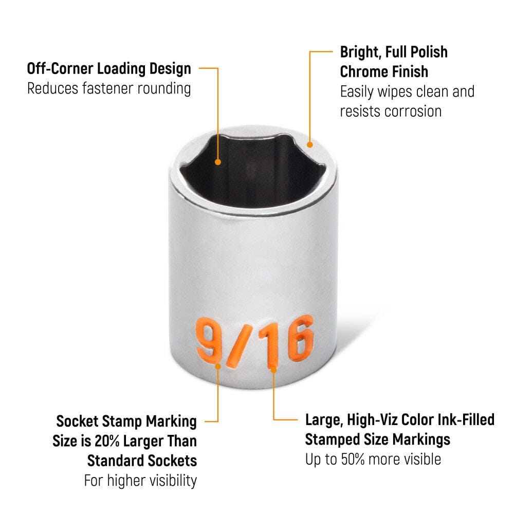 An informational marketing graphic of a GEARWRENCH Hi-Viz socket highlighting the 20 percent larger stampings, 50 percent more visible color-ink-filled markings, off-corner loading design, and bright full polish chrome finish.