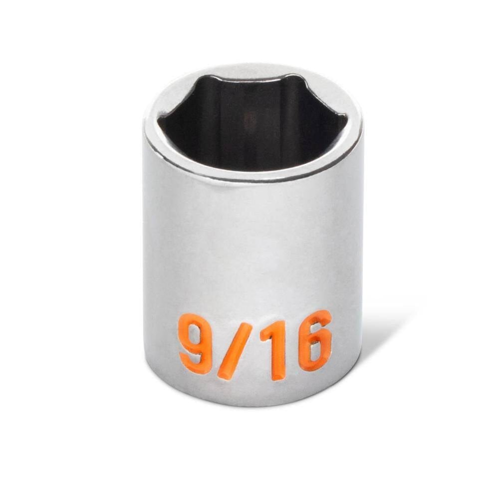 A detailed close-up shot of a 9/16 inch GEARWRENCH Hi-Viz socket, showcasing the precision 6-point hex opening and the large high-contrast orange stamped size marking.