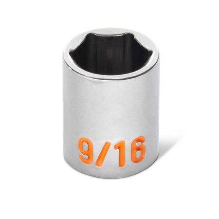 A detailed close-up shot of a 9/16 inch GEARWRENCH Hi-Viz socket, showcasing the precision 6-point hex opening and the large high-contrast orange stamped size marking.