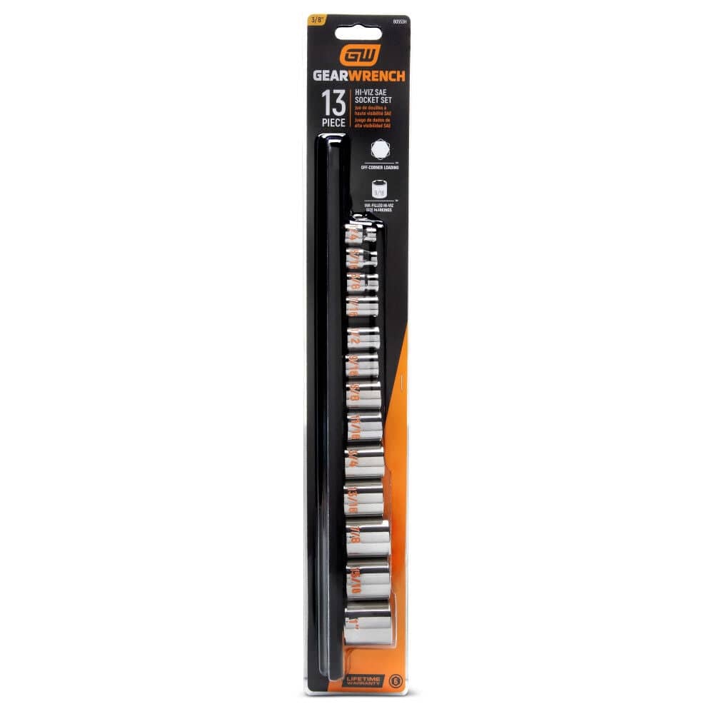 The front-facing retail blister packaging for the GEARWRENCH 80553 13-piece SAE socket set, highlighting the Hi-Viz technology, 6-point design, and professional lifetime warranty.