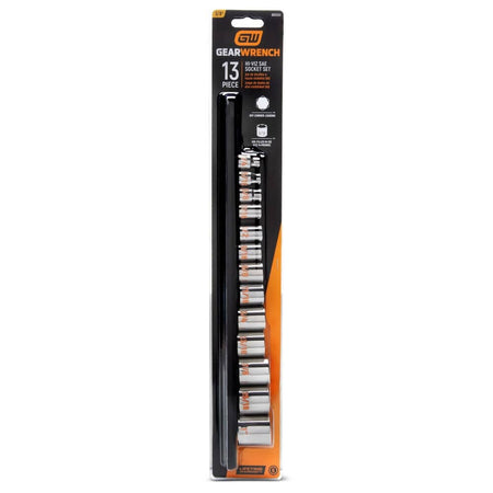 The front-facing retail blister packaging for the GEARWRENCH 80553 13-piece SAE socket set, highlighting the Hi-Viz technology, 6-point design, and professional lifetime warranty.