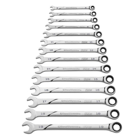 The complete set of 14 chrome GEARWRENCH 120XP universal spline ratcheting combination wrenches laid out from smallest (6mm) to largest (19mm), highlighting the extra-long beam design.