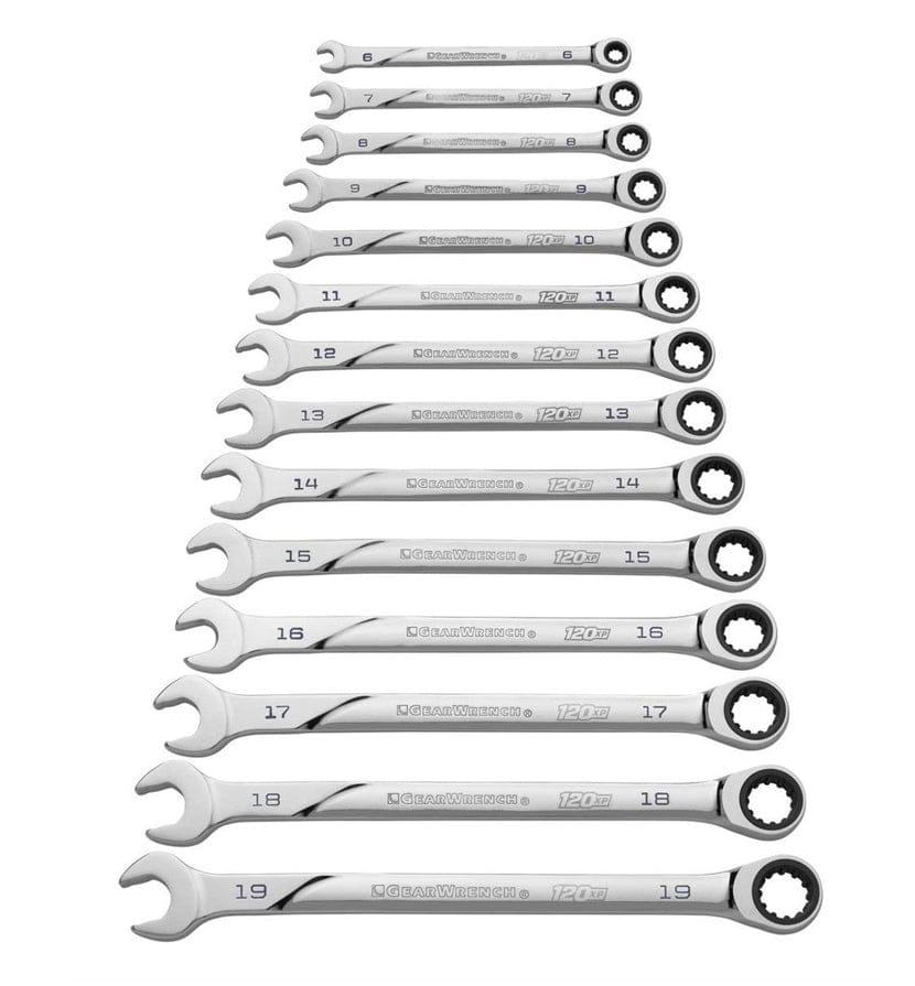The complete set of 14 chrome GEARWRENCH 120XP universal spline ratcheting combination wrenches laid out from smallest (6mm) to largest (19mm), highlighting the extra-long beam design.