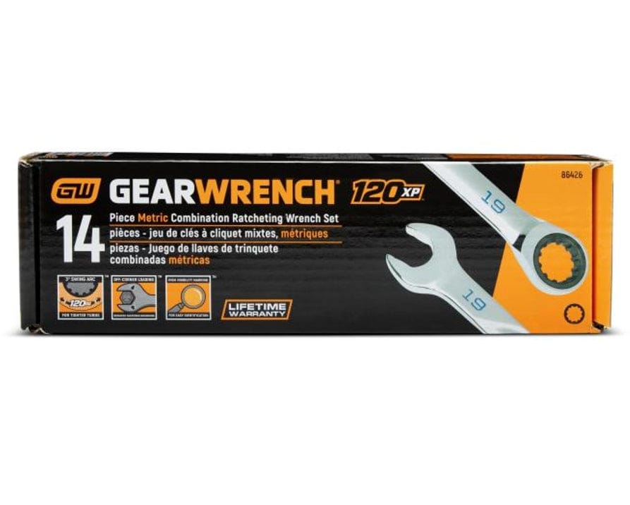 The retail packaging box for the GEARWRENCH 14-piece 120XP Metric Ratcheting Combination Wrench Set, showing the 19mm wrench and key features like the 3-degree swing arc and lifetime warranty.