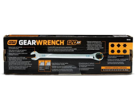 The packaging box for the GEARWRENCH 120XP wrench set, featuring a diagram of the 19mm wrench with callouts pointing to the Universal Spline drive, XL beam, and off-corner loading technology.