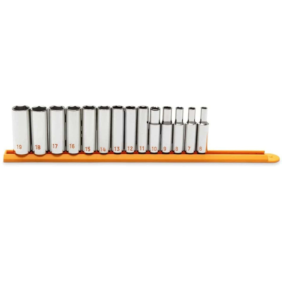 A comprehensive studio shot of the GEARWRENCH 14-piece 3/8 inch drive metric Hi-Viz deep socket set organized on a professional high-visibility orange socket rail, showcasing the extended reach profile and clear orange color-filled size markings for rapid identification.