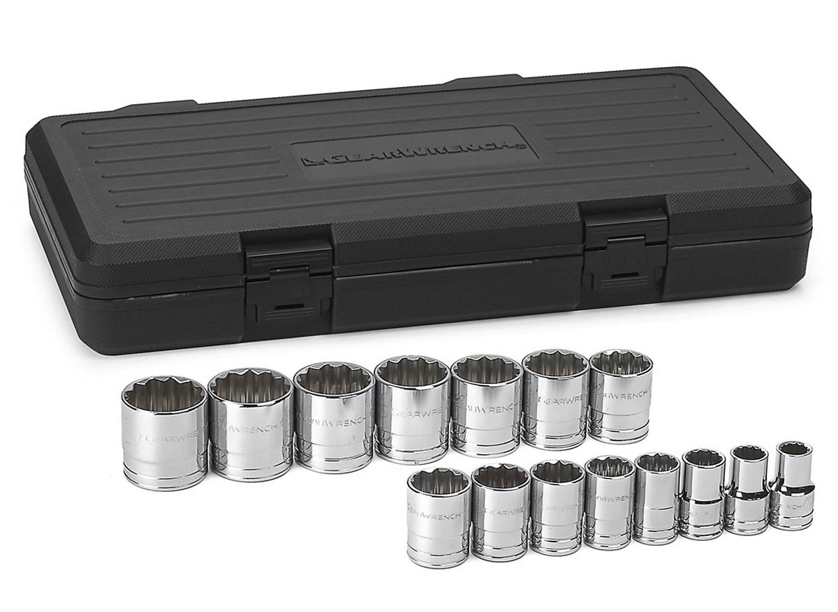 The GEARWRENCH 15-piece 1/2-inch drive SAE standard socket set, featuring all 15 chrome sockets displayed in front of the black plastic storage case.