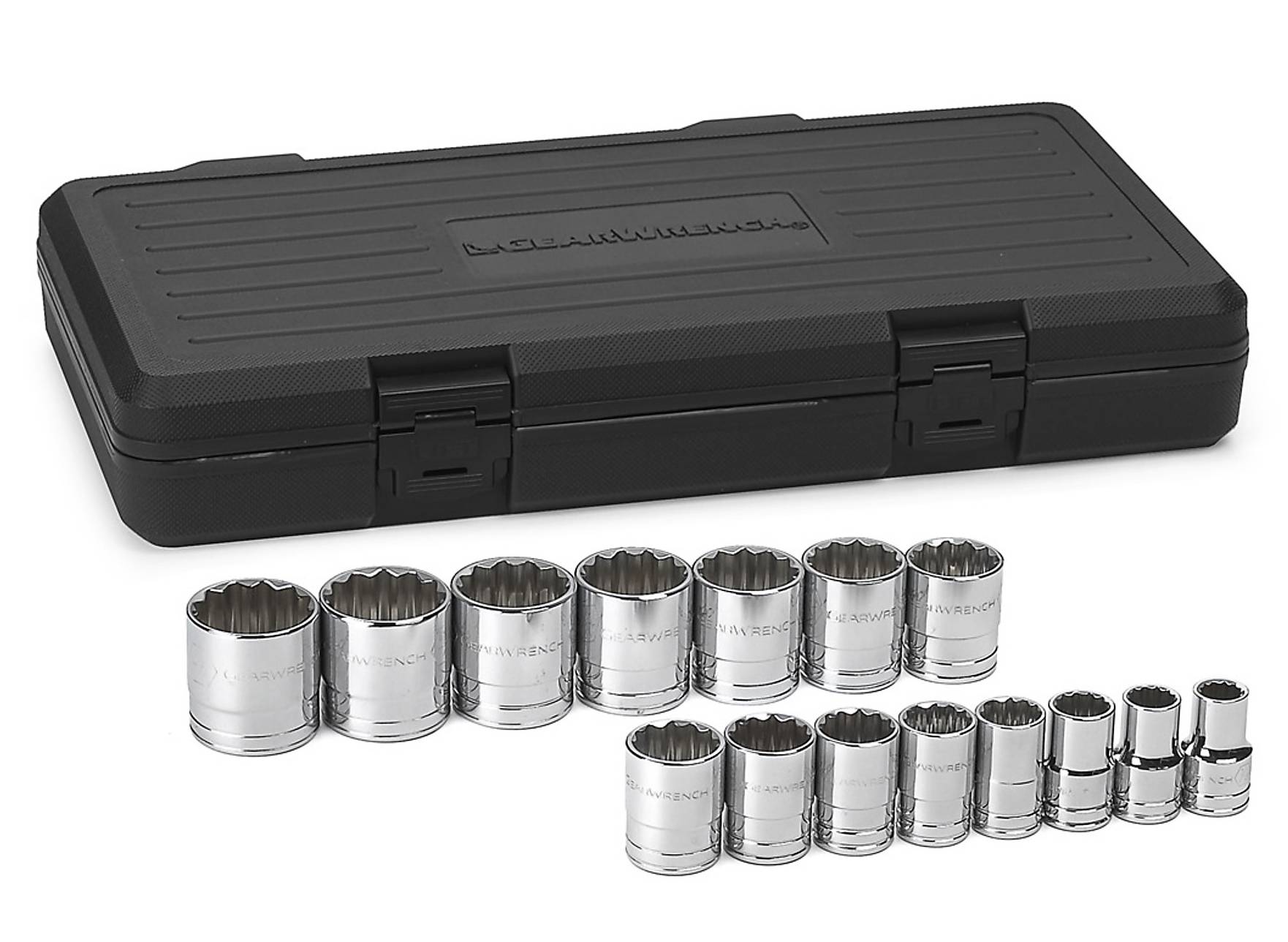 The GEARWRENCH 15-piece 1/2-inch drive SAE standard socket set, featuring all 15 chrome sockets displayed in front of the black plastic storage case.