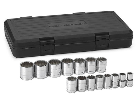 The GEARWRENCH 15-piece 1/2-inch drive SAE standard socket set, featuring all 15 chrome sockets displayed in front of the black plastic storage case.