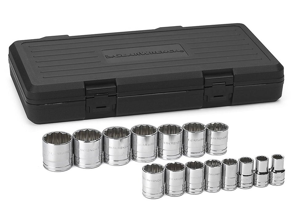 The GEARWRENCH 15-piece 1/2-inch drive SAE standard socket set, featuring all 15 chrome sockets displayed in front of the black plastic storage case.