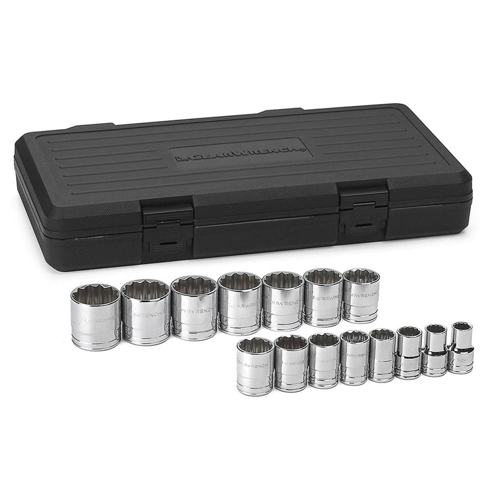 The GEARWRENCH 15-piece 1/2-inch drive SAE standard socket set, featuring all 15 chrome sockets displayed in front of the black plastic storage case.