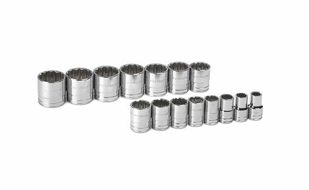 An arrangement of the 15 chrome-finished, 12-point SAE standard sockets from the GEARWRENCH 1/2-inch drive set on a white background.
