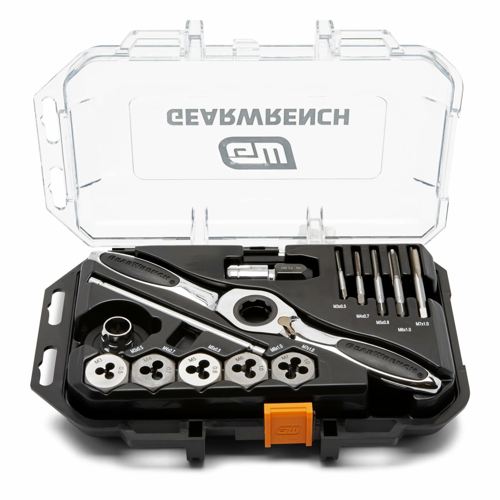 GEARWRENCH metric tap and die set organized in a black plastic case with a transparent lid. Includes five round metric dies, five matching taps, a ratcheting T-handle, die stock handle, small screwdriver, and a storage latch with the GEARWRENCH logo.