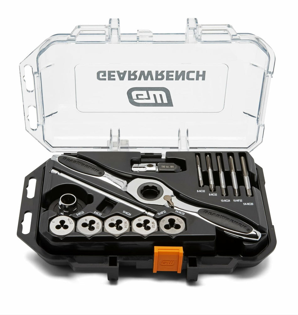 CRAFTSMAN tap and die set organized in a black plastic case with transparent lid. Includes five round metric dies, five matching taps, a die stock handle, and a T-handle tap wrench. Each tool is labeled with thread sizes and stored in individual compartments.