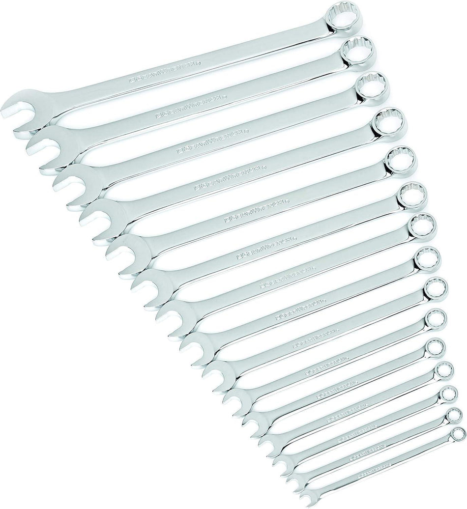 A complete studio shot of the GEARWRENCH 15-piece SAE long pattern combination wrench set, showcasing the full-polish chrome finish and 12-point design for sizes ranging from 1/4 inch to 1 inch.