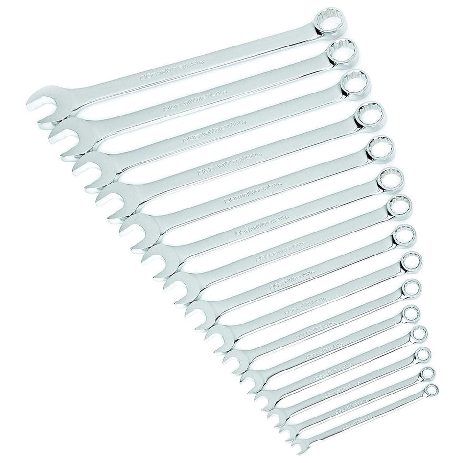 A complete studio shot of the GEARWRENCH 15-piece SAE long pattern combination wrench set, showcasing the full-polish chrome finish and 12-point design for sizes ranging from 1/4 inch to 1 inch.