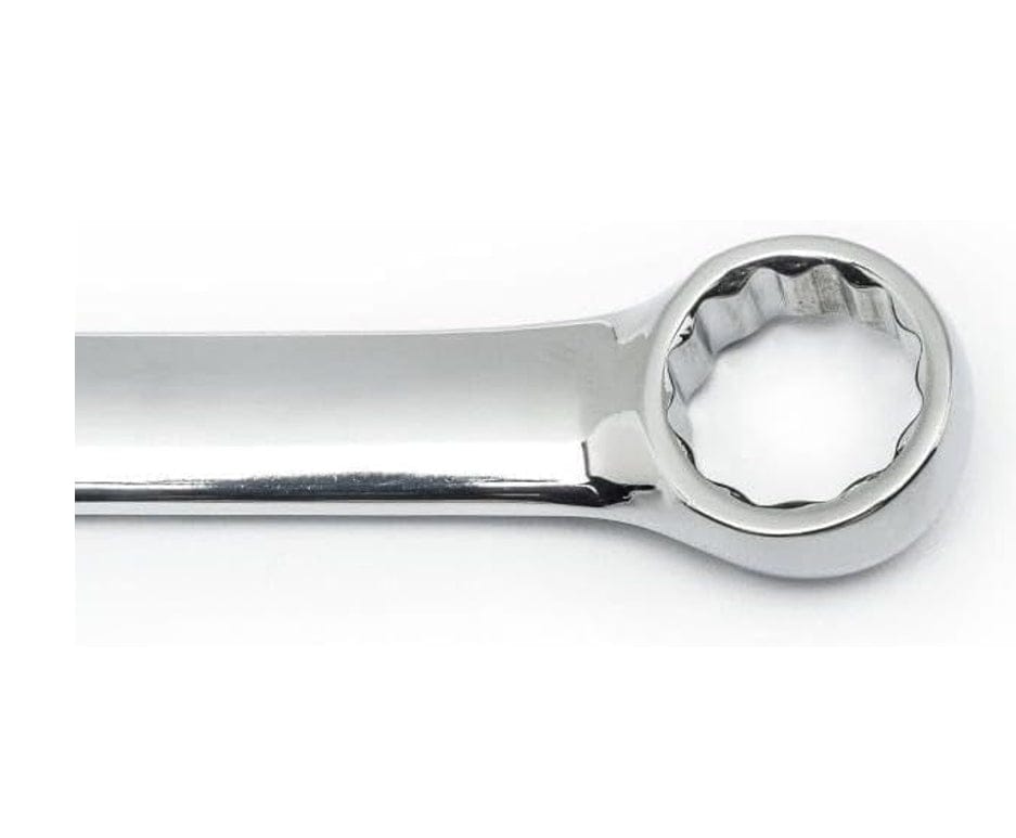 A close-up view of the 12-point box end of a GEARWRENCH combination wrench, highlighting the high-precision machining and the reflective full-polish chrome alloy steel finish.