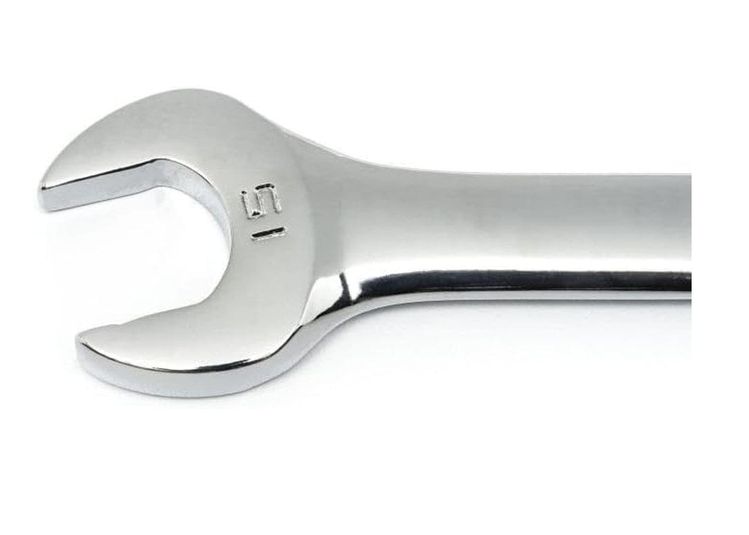A detailed shot of the open end of a GEARWRENCH wrench, showing the permanent hard-stamped size marking and the off-corner loading design for superior fastener grip.
