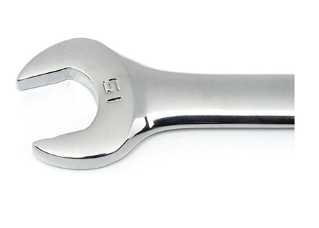 A detailed shot of the open end of a GEARWRENCH wrench, showing the permanent hard-stamped size marking and the off-corner loading design for superior fastener grip.