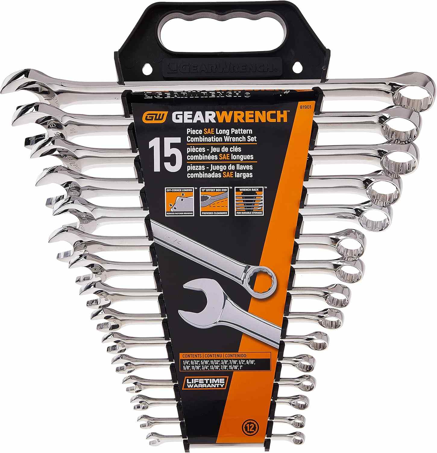 The front view of the GEARWRENCH 81901 15-piece SAE long pattern combination wrench set organized in its professional black storage rack with clear size labeling and a lifetime warranty notice.