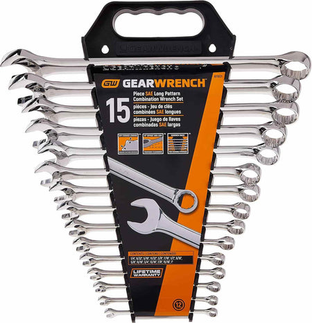 The front view of the GEARWRENCH 81901 15-piece SAE long pattern combination wrench set organized in its professional black storage rack with clear size labeling and a lifetime warranty notice.