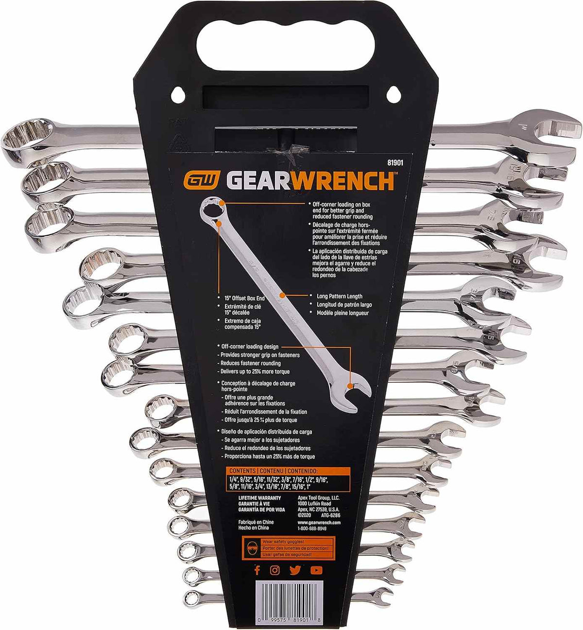 The back view of the retail packaging for the GEARWRENCH 81901 set, providing technical specifications and descriptions of the off-corner loading technology in multiple languages.