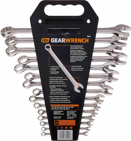 The back view of the retail packaging for the GEARWRENCH 81901 set, providing technical specifications and descriptions of the off-corner loading technology in multiple languages.