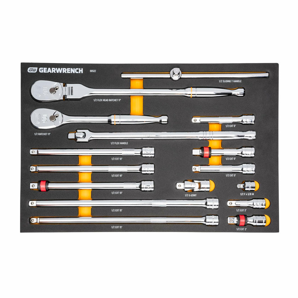 Foam tray with labeled slots containing GEARWRENCH ratchets, extension bars, universal joint, and handles. Includes flex head ratchet, sliding T-handle, and multiple extension lengths from 2" to 20".