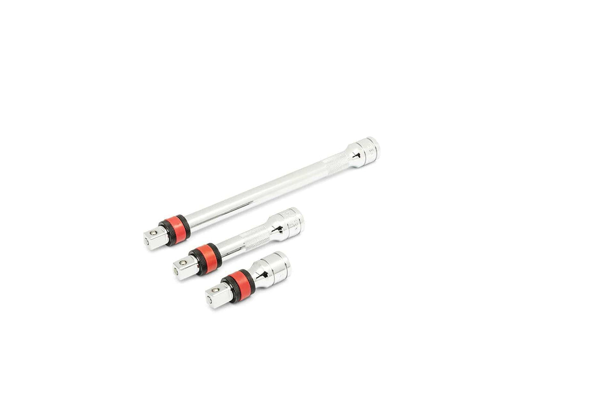 Three chrome socket wrench extension bars arranged by length. Three feature red and black rings near the base, indicating locking mechanisms. Used to extend reach in recessed or tight mechanical areas.