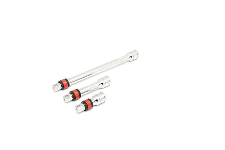 Three chrome socket wrench extension bars arranged by length. Three feature red and black rings near the base, indicating locking mechanisms. Used to extend reach in recessed or tight mechanical areas.