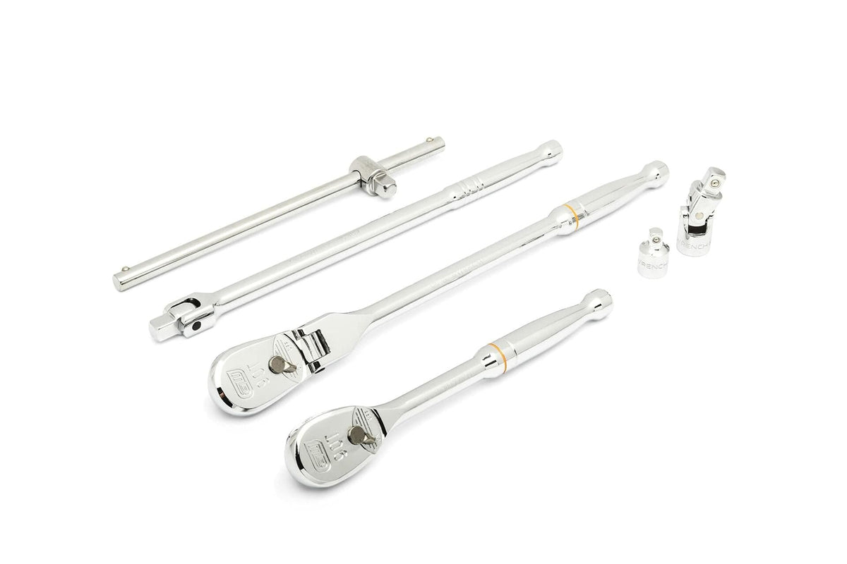Set of polished chrome hand tools including two ratchets, a breaker bar, extension bar, universal joint, and socket adapters. Designed for high-torque fastening and mechanical access in tight spaces.
