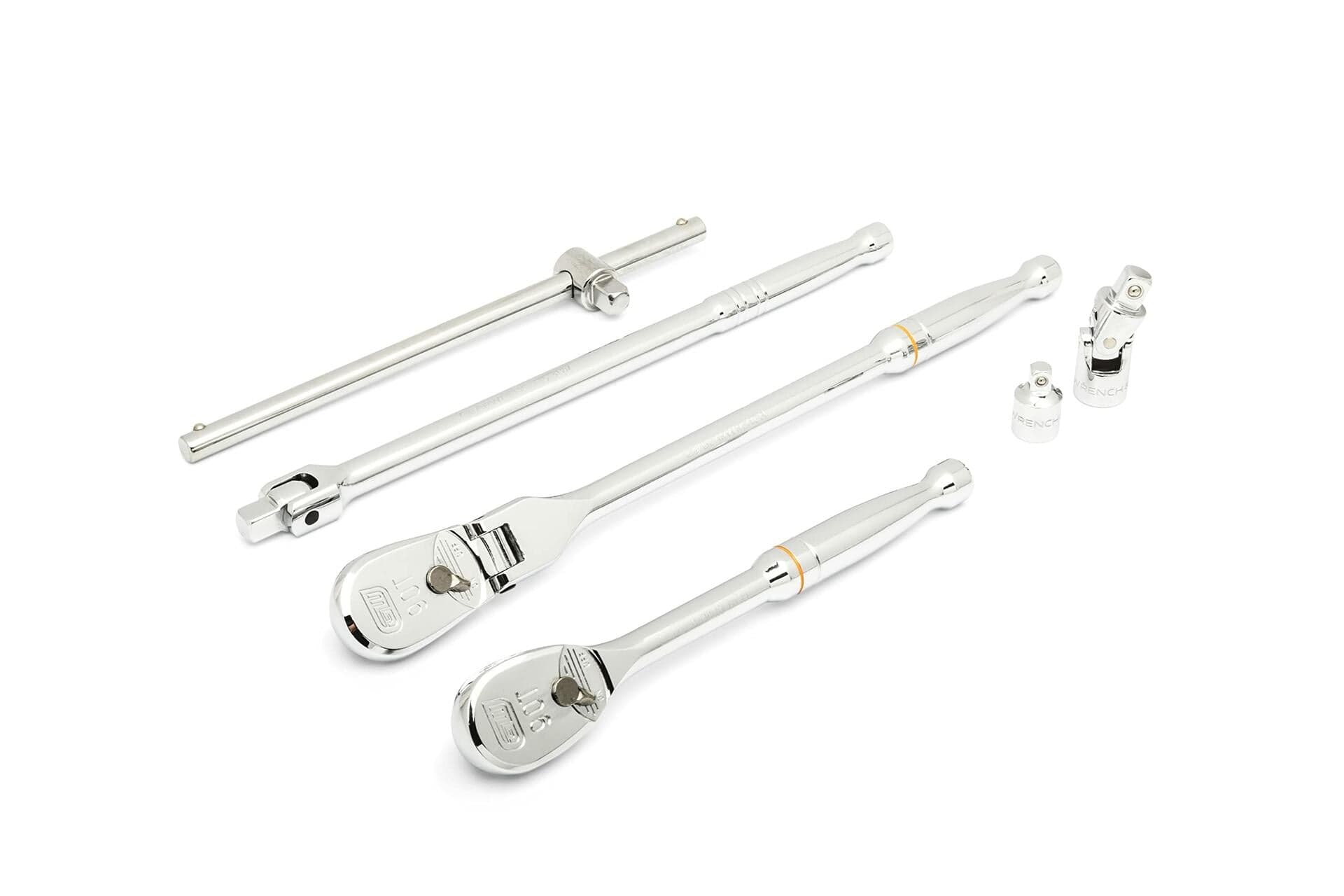 Set of polished chrome hand tools including two ratchets, a breaker bar, extension bar, universal joint, and socket adapters. Designed for high-torque fastening and mechanical access in tight spaces.