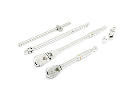 Set of polished chrome hand tools including two ratchets, a breaker bar, extension bar, universal joint, and socket adapters. Designed for high-torque fastening and mechanical access in tight spaces.