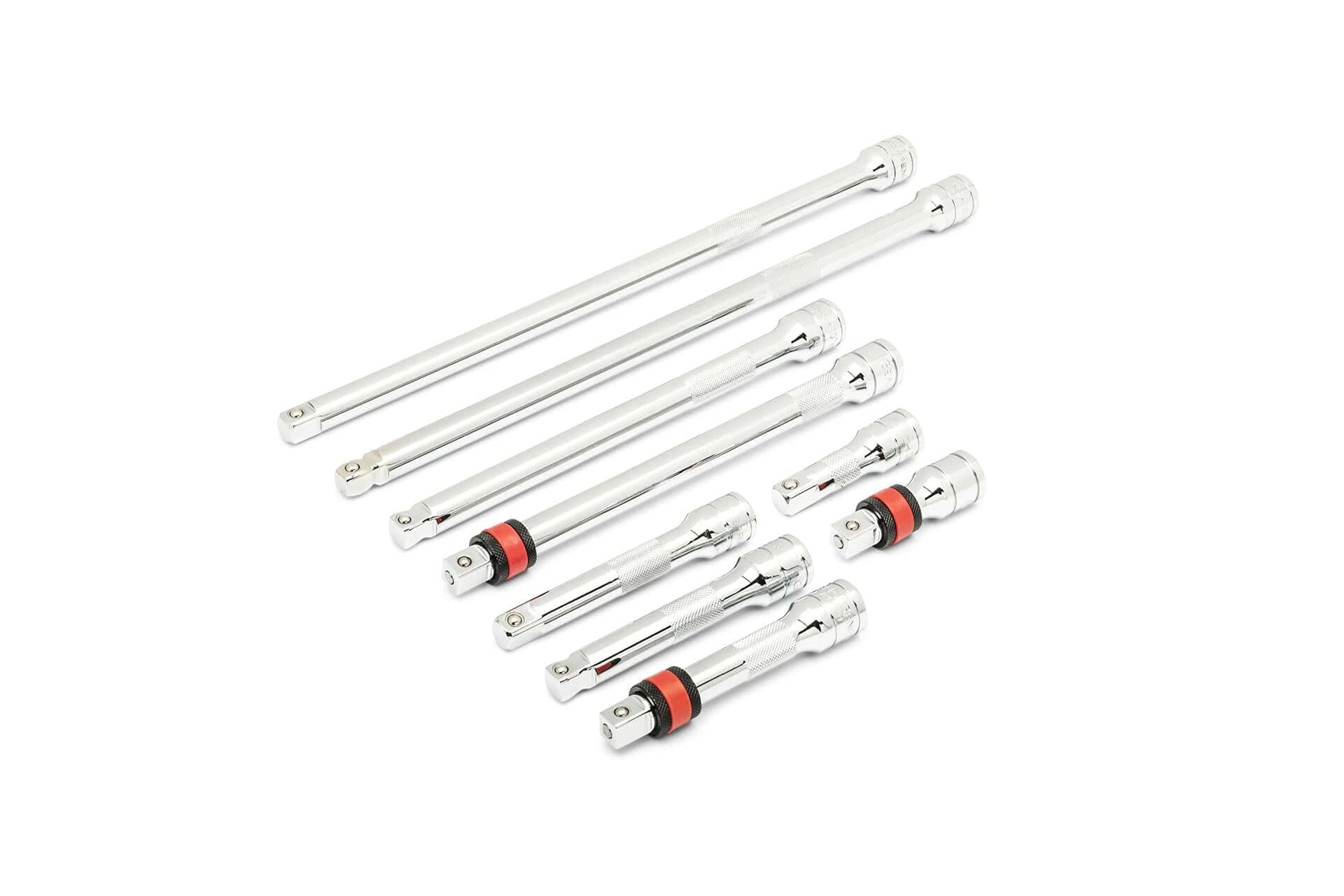 Eight chrome extension bars and universal joints with swivel mechanisms. Some pieces include red and black rings for grip or locking. Designed for socket wrench access in hard-to-reach mechanical zones.
