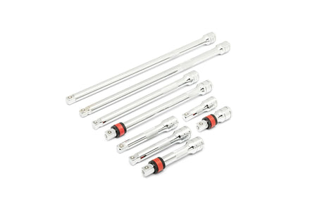 Eight chrome extension bars and universal joints with swivel mechanisms. Some pieces include red and black rings for grip or locking. Designed for socket wrench access in hard-to-reach mechanical zones.