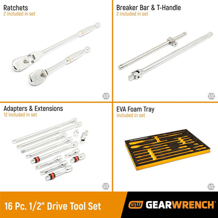 Promotional layout of GEARWRENCH 16-piece 1/2" drive tool set. Highlights ratchets, breaker bar, T-handle, adapters, extensions, and EVA foam tray. Organized by function and drive size for professional use.