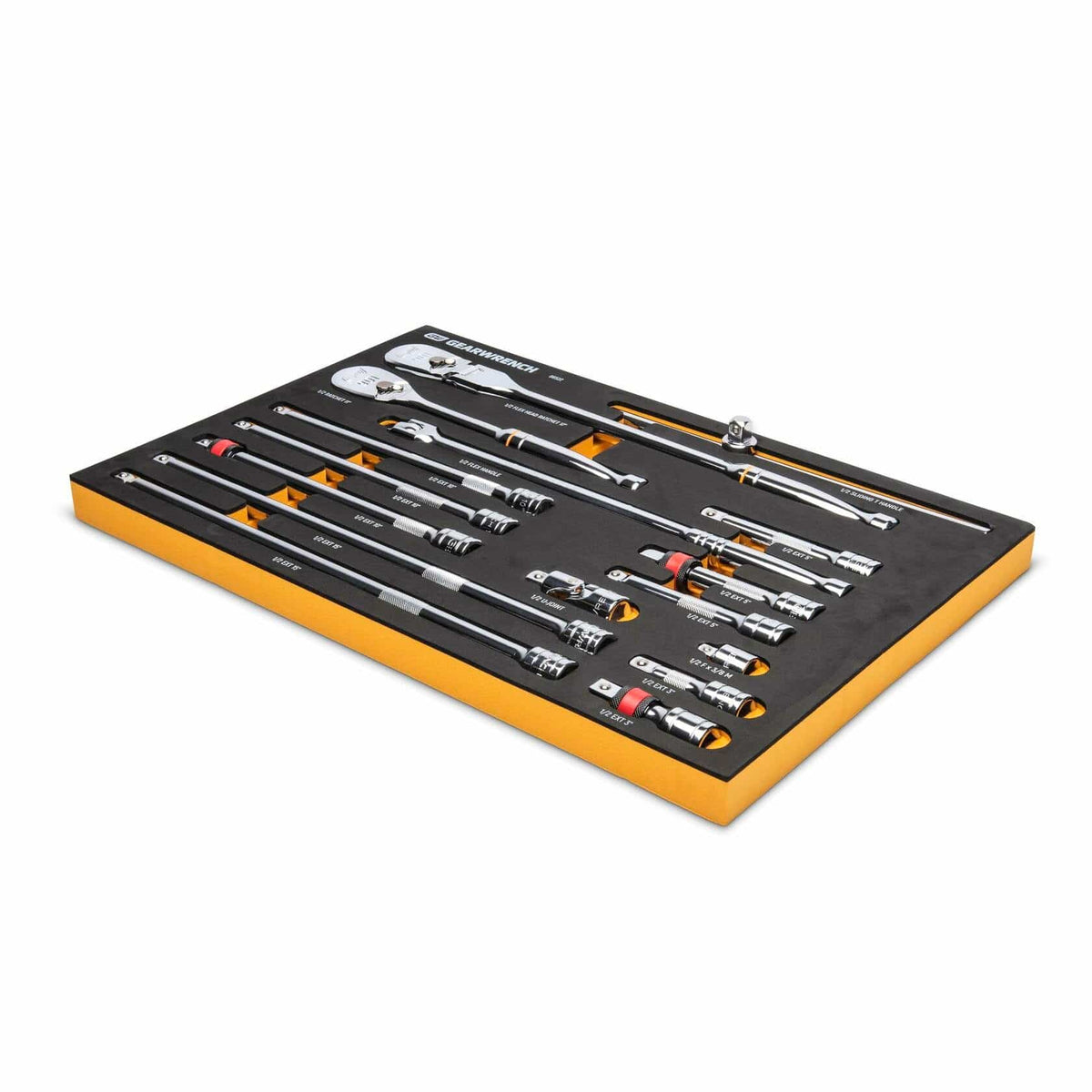 Foam-lined tray with various ratchets, extension bars, universal joints, and sockets. Tools are labeled by drive size (1/4", 3/8", 1/2") and organized for professional mechanical and automotive use.