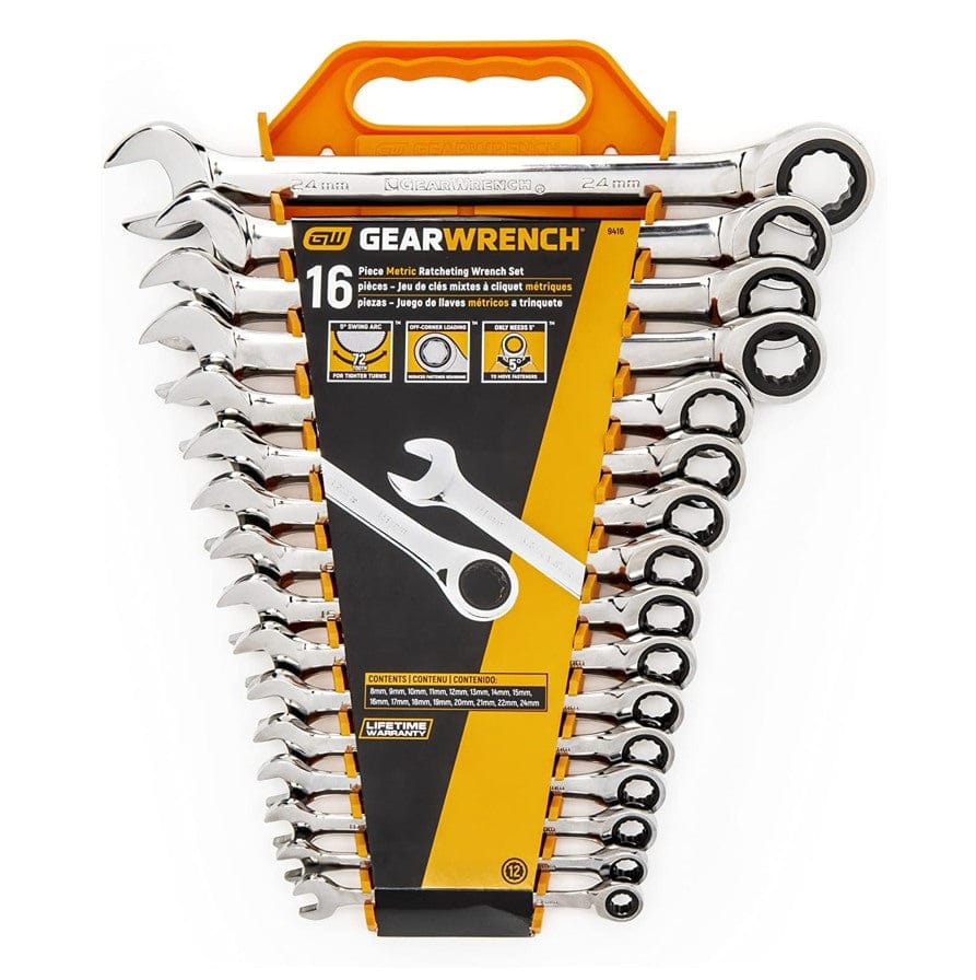 The GEARWRENCH 16-piece Metric Ratcheting Wrench Set displayed in its orange storage rack, highlighting the 72-tooth, 5-degree swing arc feature on the packaging.