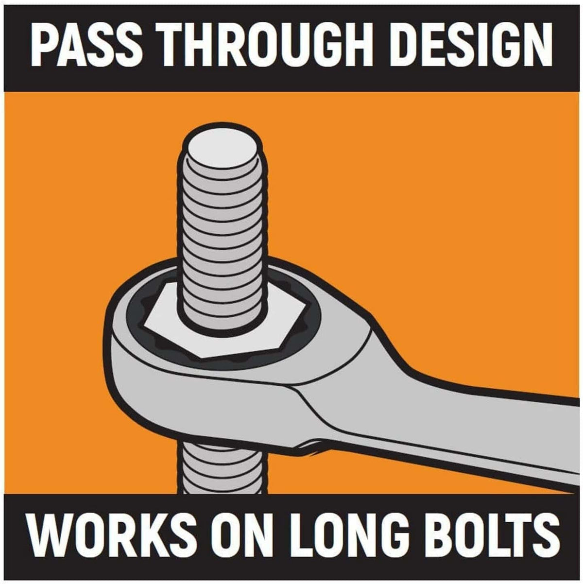 A graphic illustrating the "Pass Through Design" on a wrench, showing how the ratcheting box end works on long bolts and threaded rod.