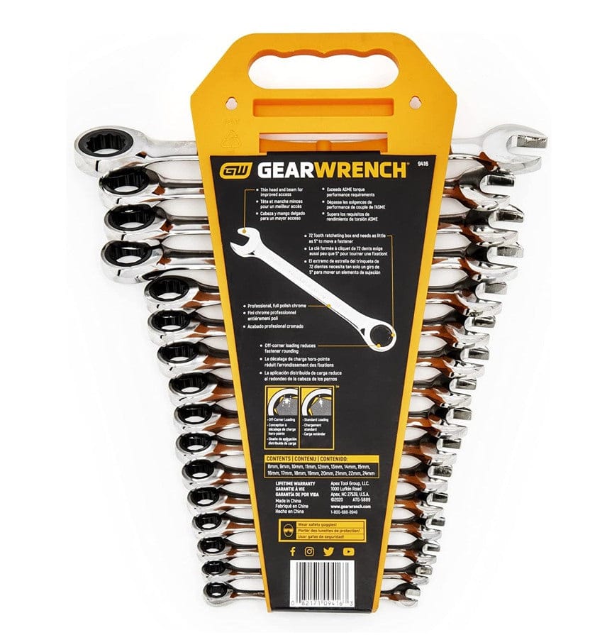 The back of the packaging for the GEARWRENCH 16-piece ratcheting wrench set, displaying the wrenches in the rack and listing detailed features in multiple languages.