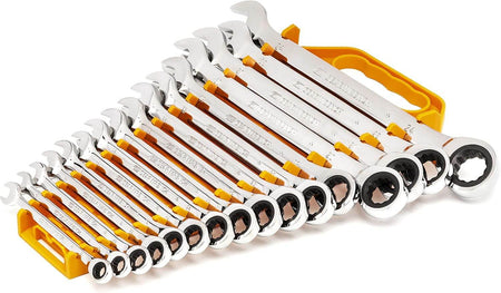 The complete 16-piece ratcheting combination wrench set stored neatly in two yellow plastic storage racks.